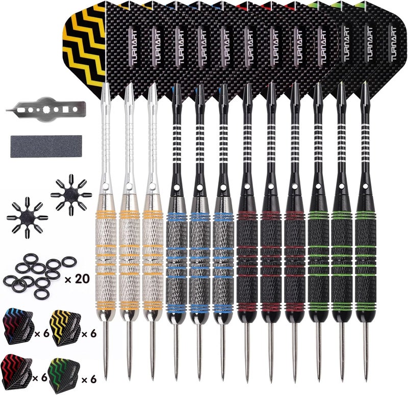 Turnart Darts Metal Tip Set - Steel Tip Darts Darts Set Professional Metal Darts Dart Board Set 12 Pcs 24 Gram 20 O-Rings Aluminum Darts Shafts 24 Extra Flights Darts Tool - Image 1